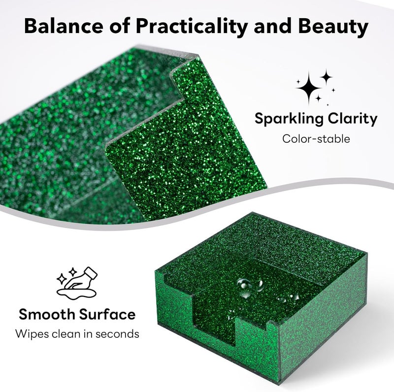 Luminzo Green Sparkling Sticky Note Holder, Glitter Acrylic Organizer, 3.94 x 3.94 in Multi-Use Tray for Office, School & Home Desk - Image 4